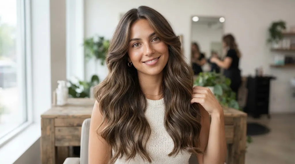 A close-up view of long wavy hair with soft face-framing front layers styled for an Indian haircut