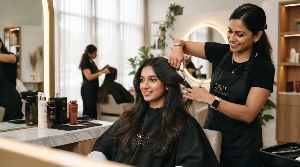 Professional hairstylist maintaining and styling long Indian hair layers in a bright salon