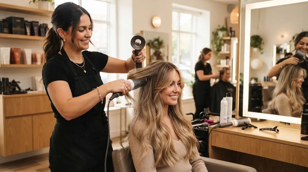 A person styling long Indian style front hair layers and curtain bangs using a round brush and blow dryer at home.