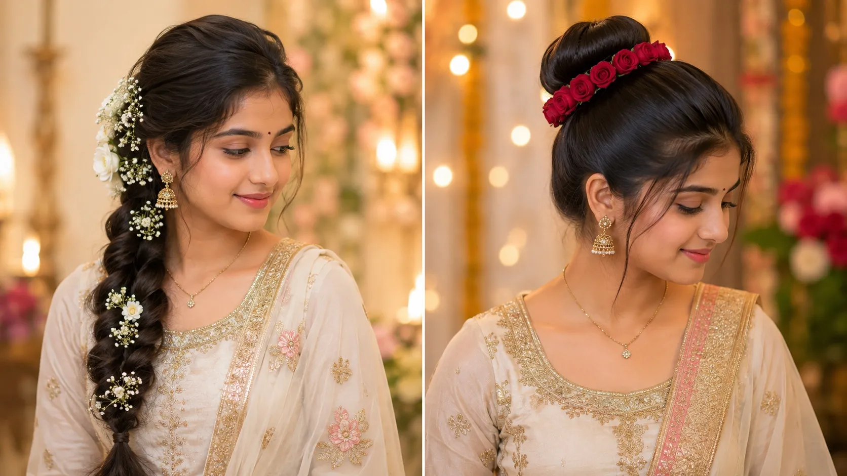 Indian girl with long hair styled in soft voluminous wedding curls with front rope twists and delicate pearl accessories