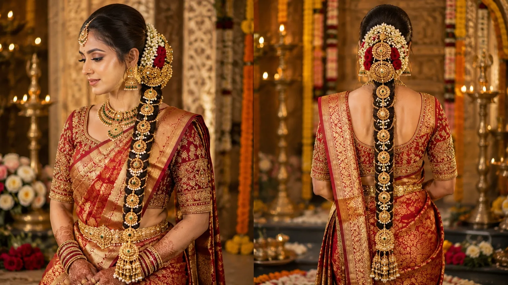 Traditional South Indian long braid embellished with gold Jada billalu plates and fresh white jasmine gajra