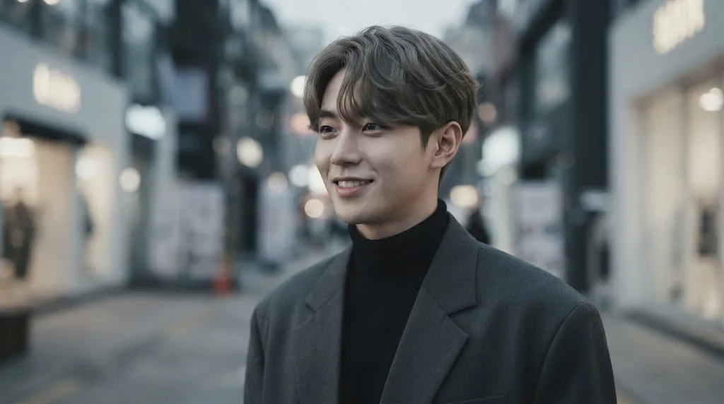 A young East Asian man with a stylish, textured K-Pop-inspired ash-brown haircut on a blurred Seoul street.