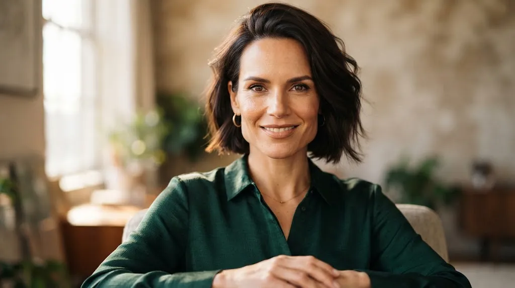Professional portrait of a woman highlighting the key features of a square face including a broad forehead and defined angular jawline.