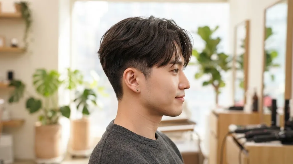 Young East Asian man demonstrating medium top hair length and layered texture in a modern Korean two-block haircut