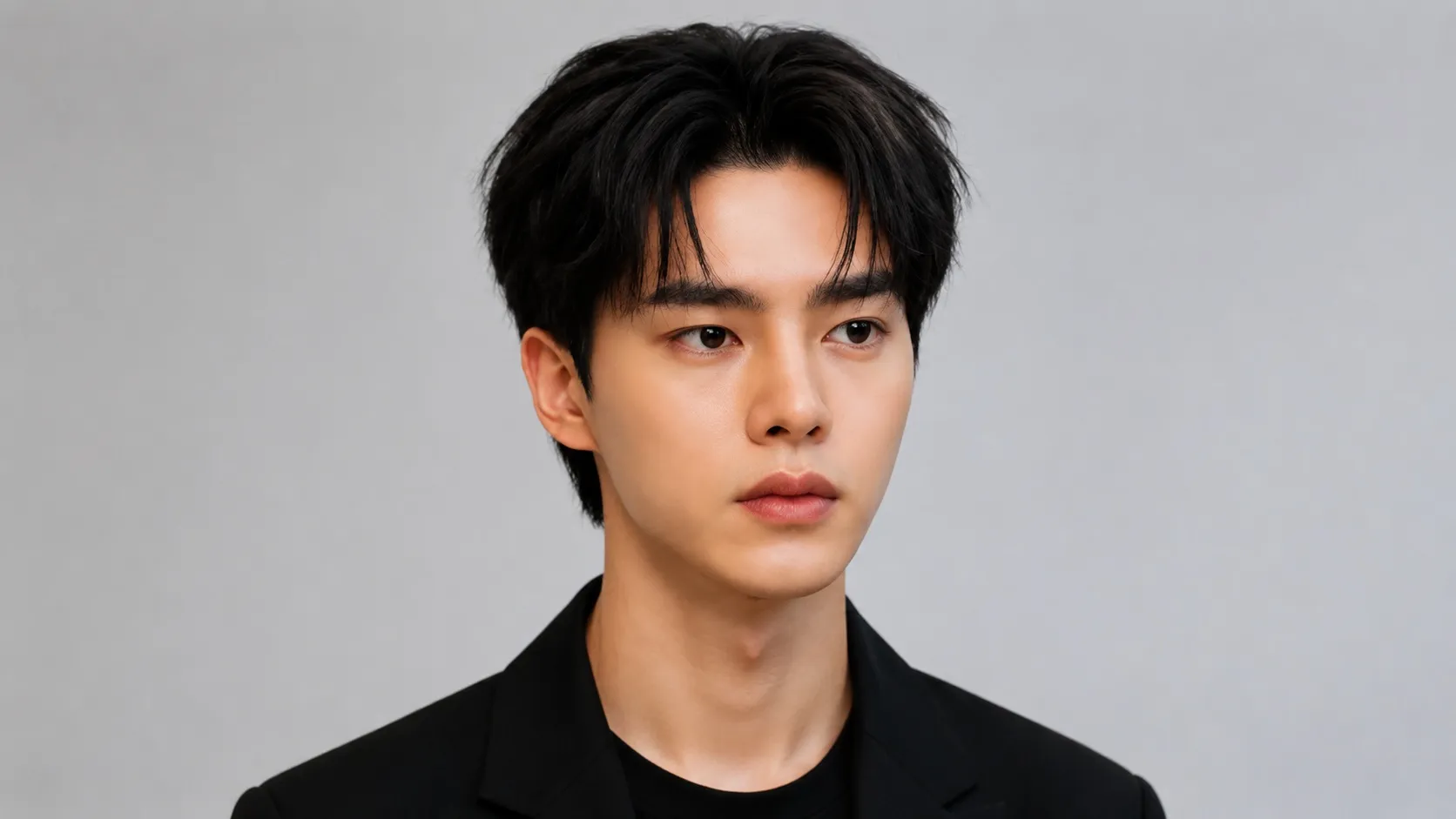 Korean comma hairstyle featuring a curved fringe pointing inward toward the forehead