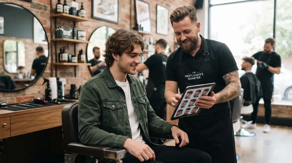 A young man discussing desired Korean hairstyle shapes and reference photos with a professional barber in a modern salon.