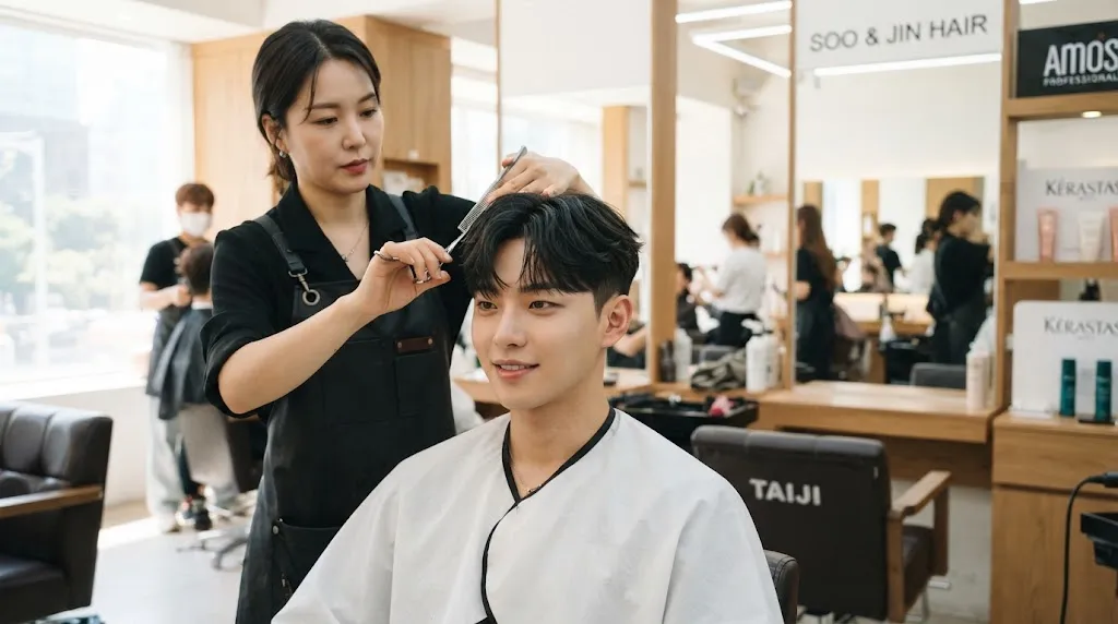 Professional hairstylist maintaining and refreshing a modern Korean men haircut in a clean salon