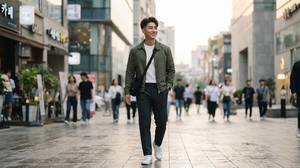 A young man with a stylish Korean hairstyle and controlled sides designed for hair that puffs out