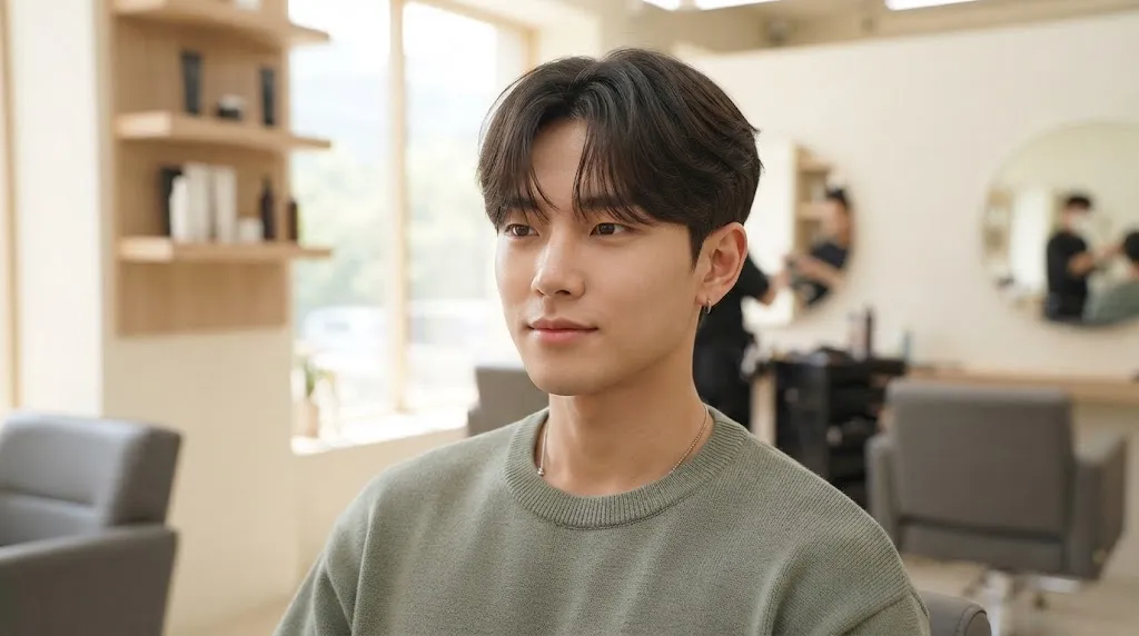 A young East Asian man with a square face shape sporting a soft, textured Korean two-block haircut with a middle part in a modern salon.