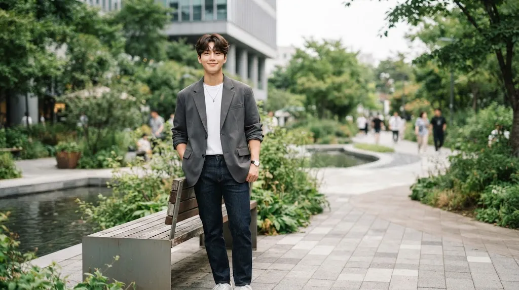 A handsome young man showcasing a modern Korean hairstyle with balanced fringe and volume tailored for a heart-shaped face.