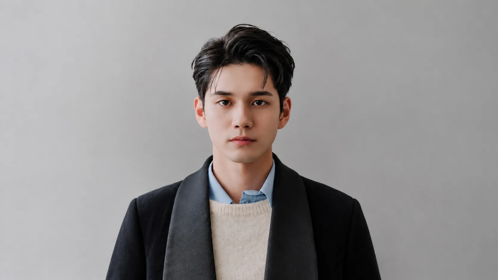 Korean side-part hairstyle featuring a clean 6/4 or 7/3 off-center parting with voluminous top and tapered sides