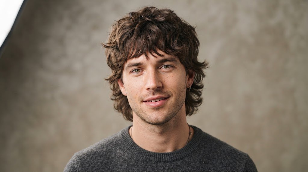 Modern layered shag hairstyle for men with messy textured wavy hair and soft perimeter