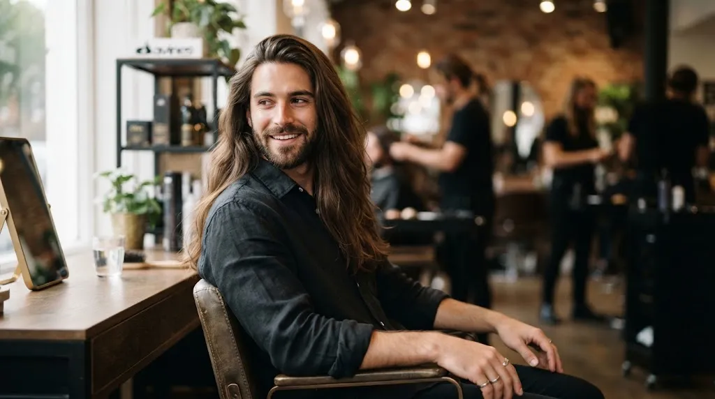 A professional side view of a man with long, healthy hair styled in a natural flowing back hairstyle