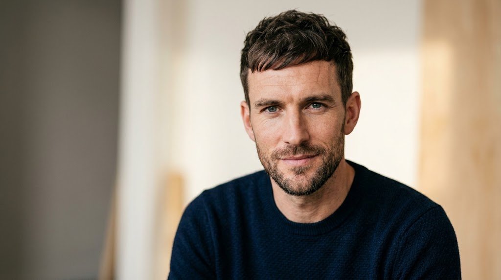 A handsome man with a long face shape and thinning hairline wearing a textured forward french crop fringe haircut for visual balance