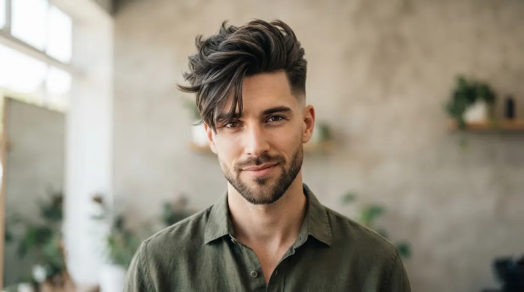 Modern quiff hairstyle with long textured fringe for men with long oblong face shape