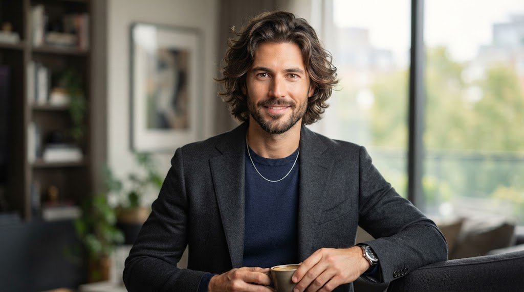 Stylish man with layered shoulder-length wavy hair suitable for long face shapes