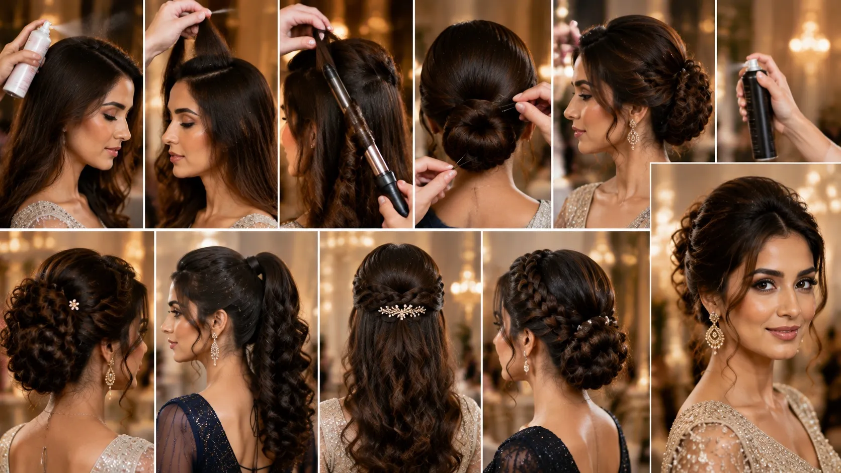 Woman setting her voluminous party waves with strong-hold hairspray for long-lasting hold