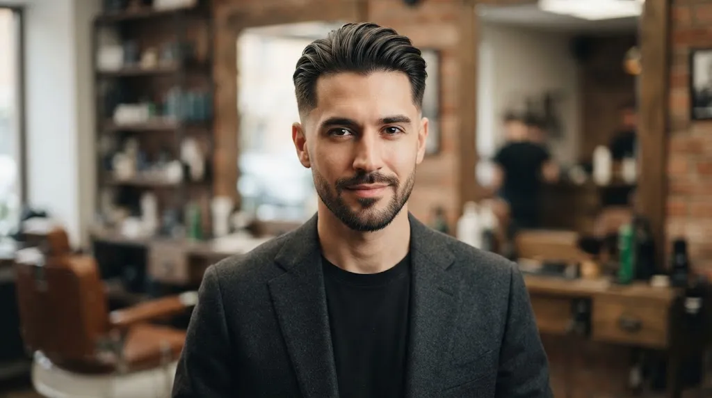 A stylish man with a long face sporting a professional, low-shine long slick-back hairstyle with tapered sides for better width balance