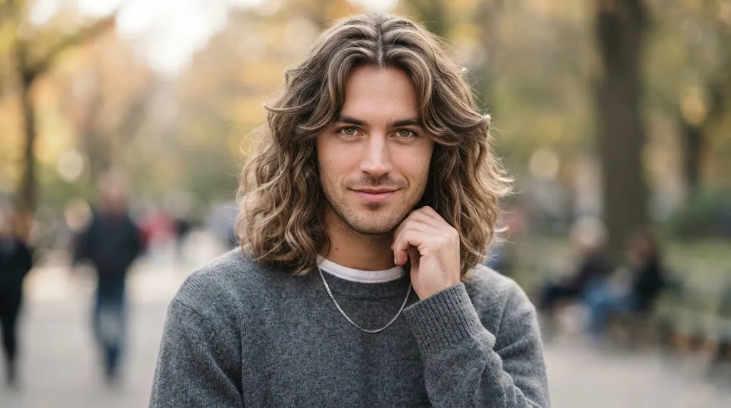 A man with long wavy hair and textured curtain bangs styling