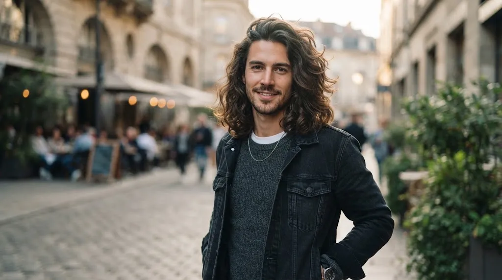 A man with a modern long wavy layered haircut that adds volume and balances prominent ears.