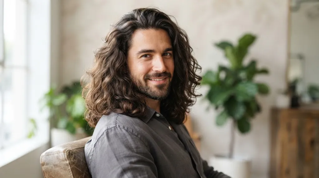 Professional portrait of a man with thick, healthy, long wavy hair demonstrating proper weight management and volume control.
