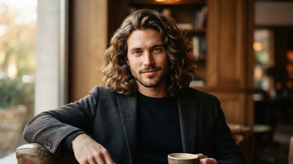 Man with a stylish long wavy hairstyle that creates lateral volume and balances prominent ears