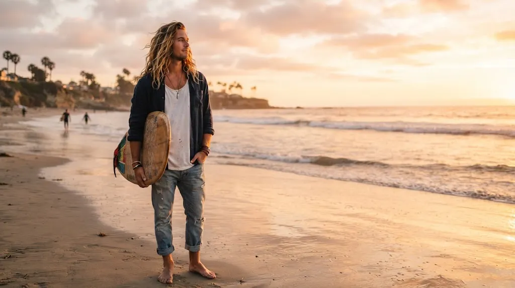 Man with natural long wavy surfer hair style on beach at sunset