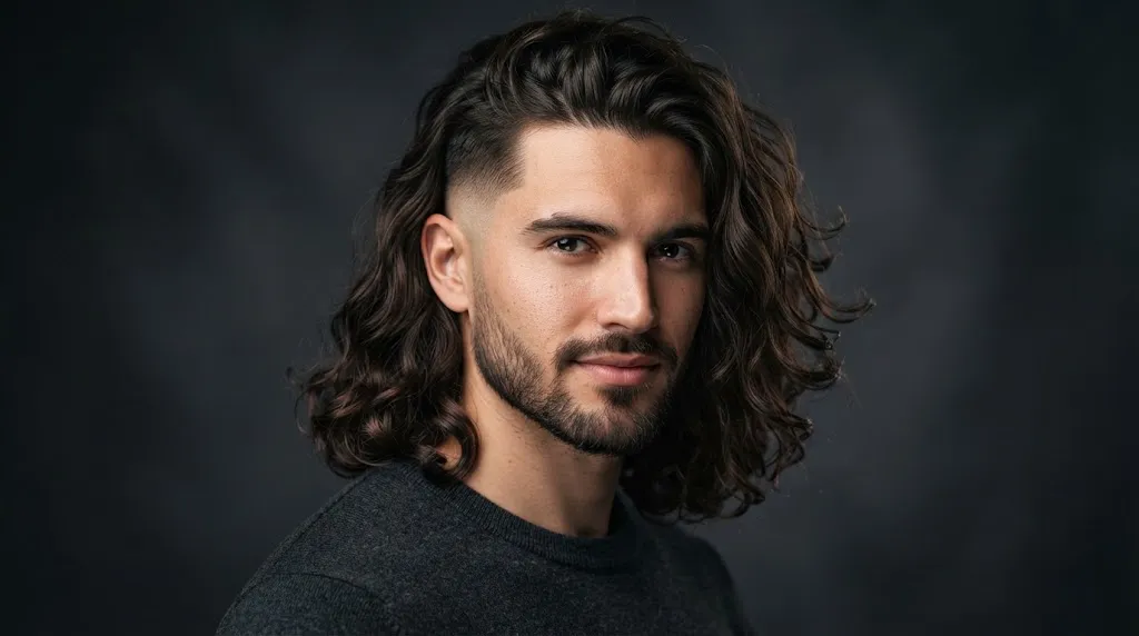 Man with long wavy hair and a clean, precise low fade haircut showing natural wave texture.