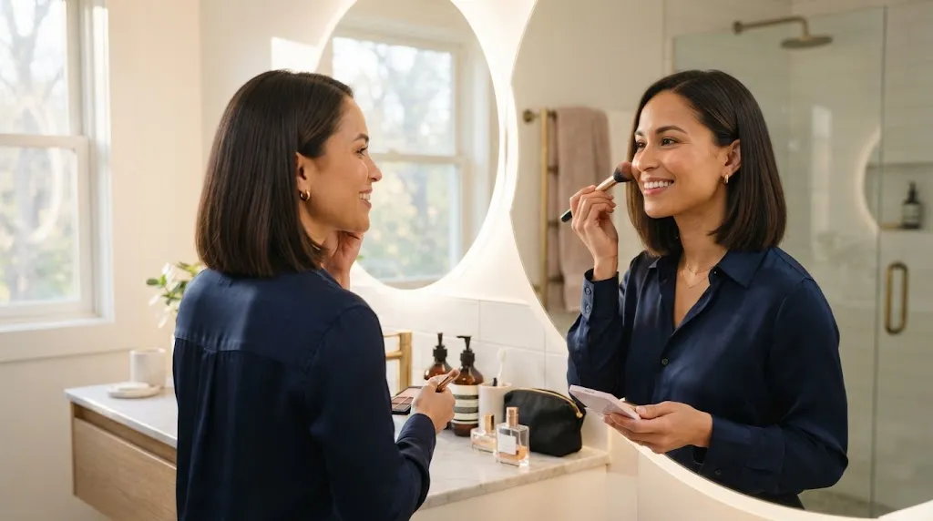 A professional woman styling her low-maintenance medium-length lob haircut quickly in the morning for a busy lifestyle.