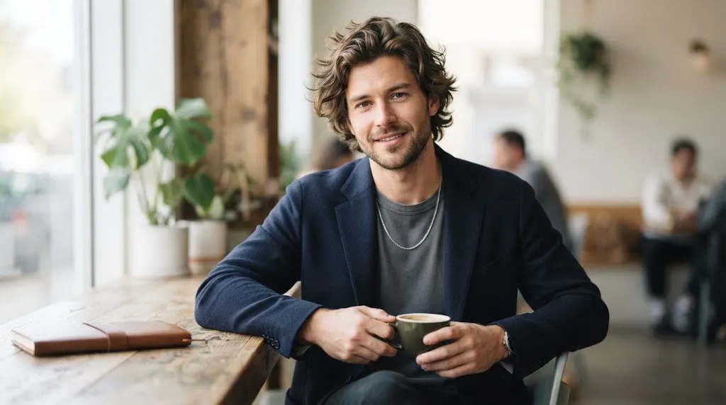 Man with a stylish low-maintenance medium length hairstyle and textured hair movement.