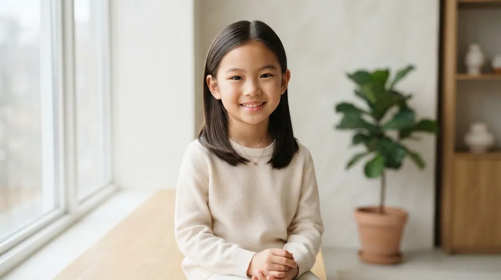 A young girl with healthy, sleek straight hair in a simple, low-maintenance hairstyle perfect for school or daily wear.