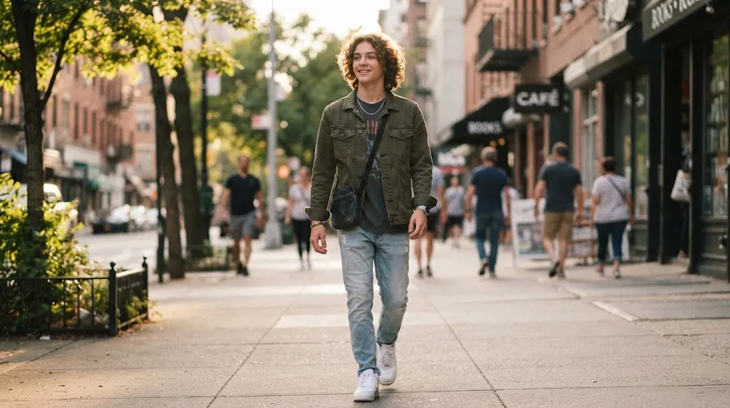 A stylish teenage boy with natural wavy hair showing a low-maintenance, modern haircut outdoors.