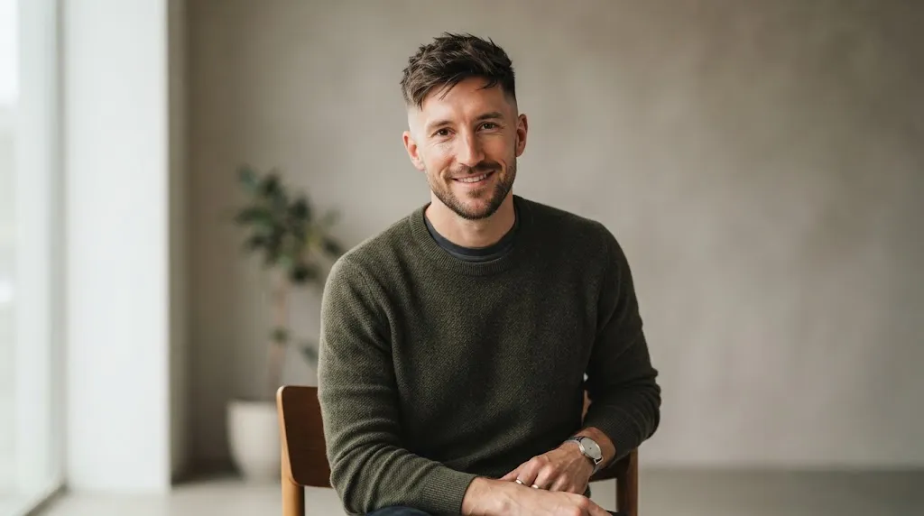 Modern low skin fade crop haircut on a man with an oblong face shape, showing balanced proportions and textured top.