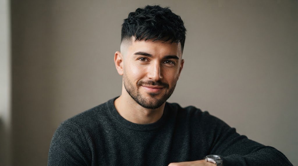 Stylish man with a low skin fade crop haircut and textured top on an oblong face shape