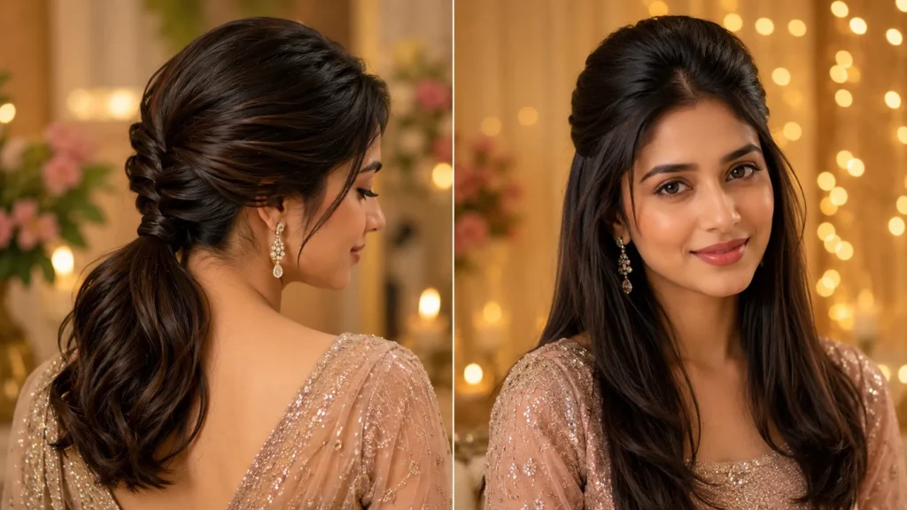 Young Indian bride with long bouncy curls, front rope twists, and a micro-maang tikka in a festive bridal venue