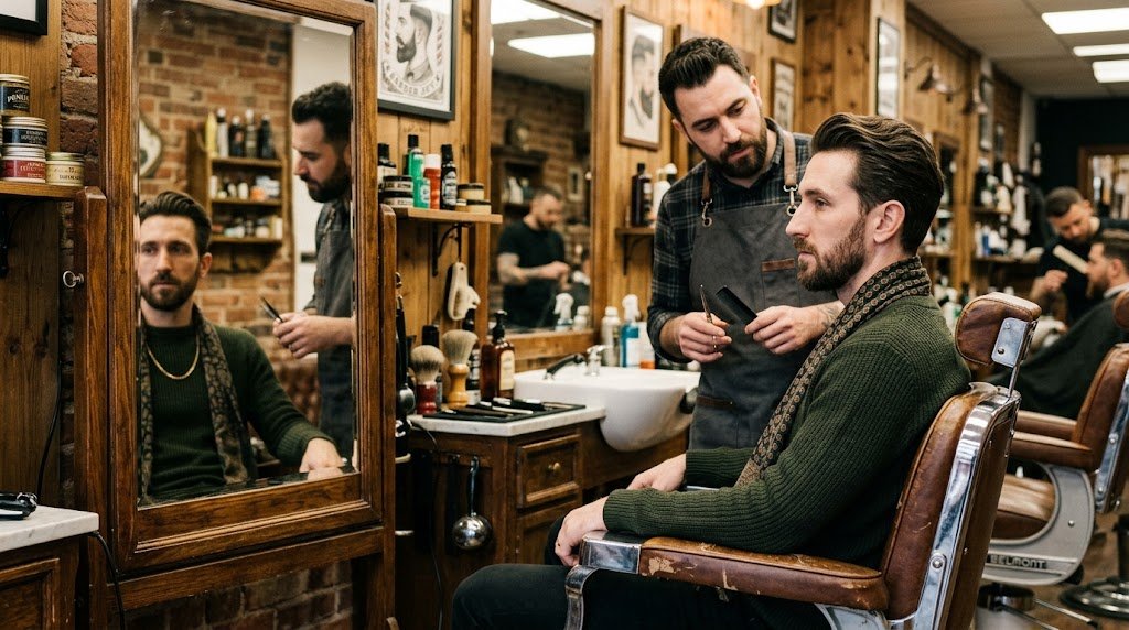 A man with a long face shape discussing custom haircut options with a barber in a salon chair