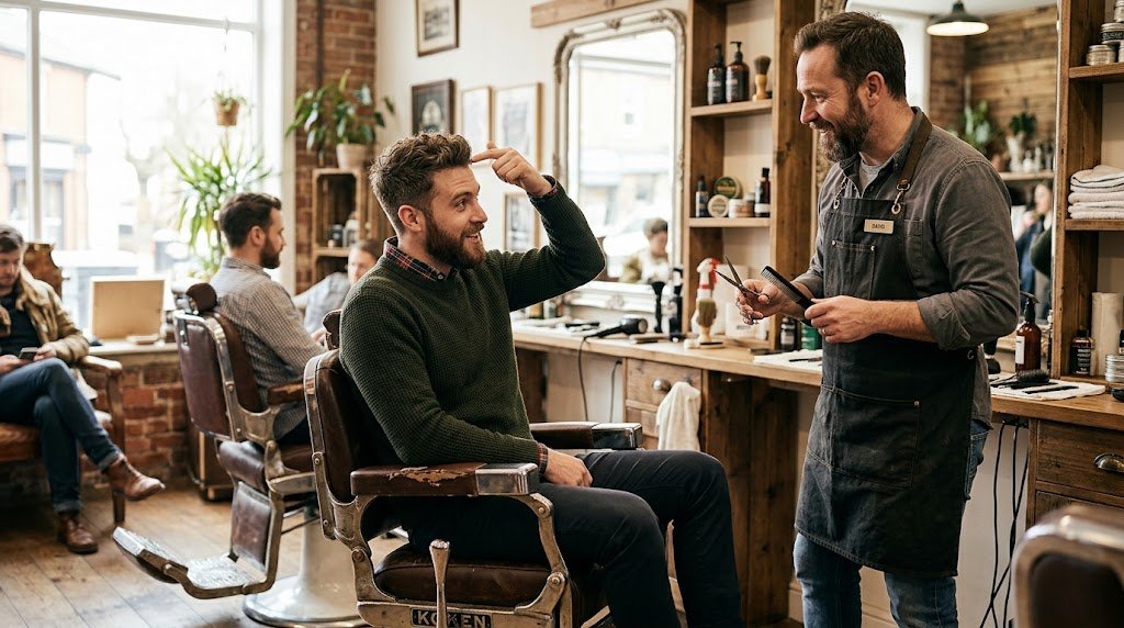 A man in a barbershop chair discussing haircut techniques and low fade styling options with his barber for a long face shape.