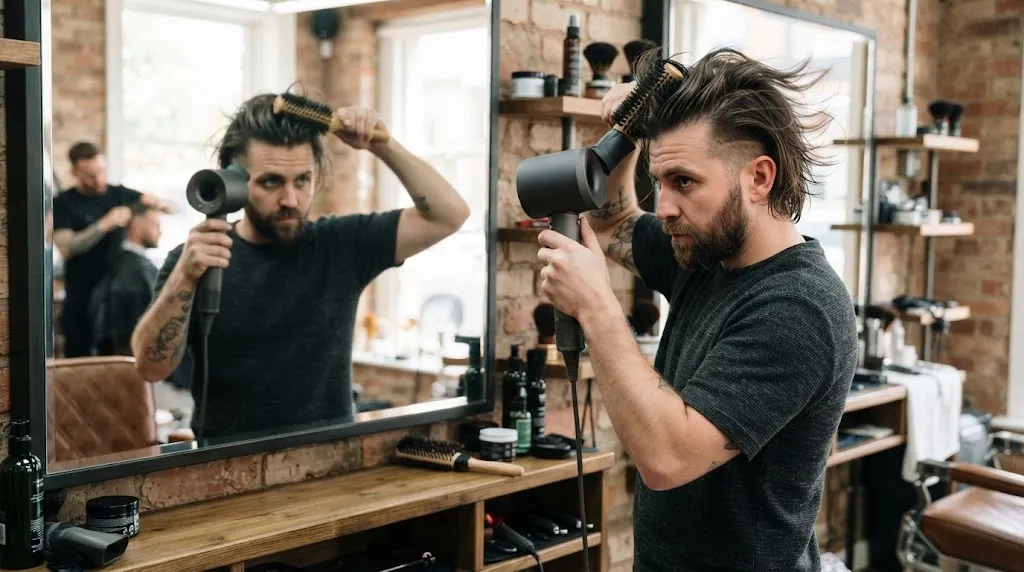 Man using a hair dryer with a concentrator nozzle and a vented brush to style and add volume to medium-length hair in a barbershop.