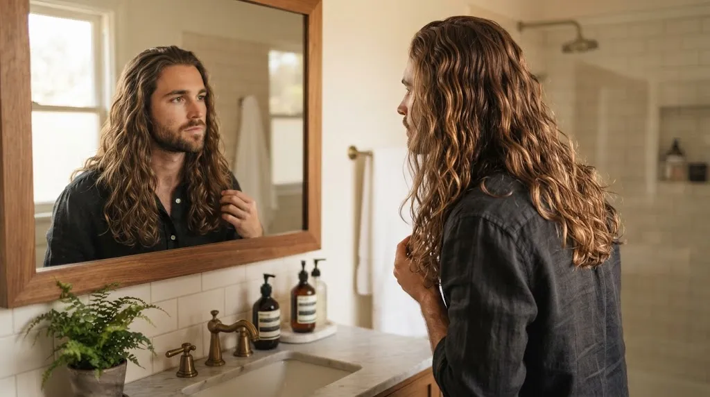 A man with healthy, well-defined long wavy hair looking in a mirror, representing successful wavy hair care solutions.