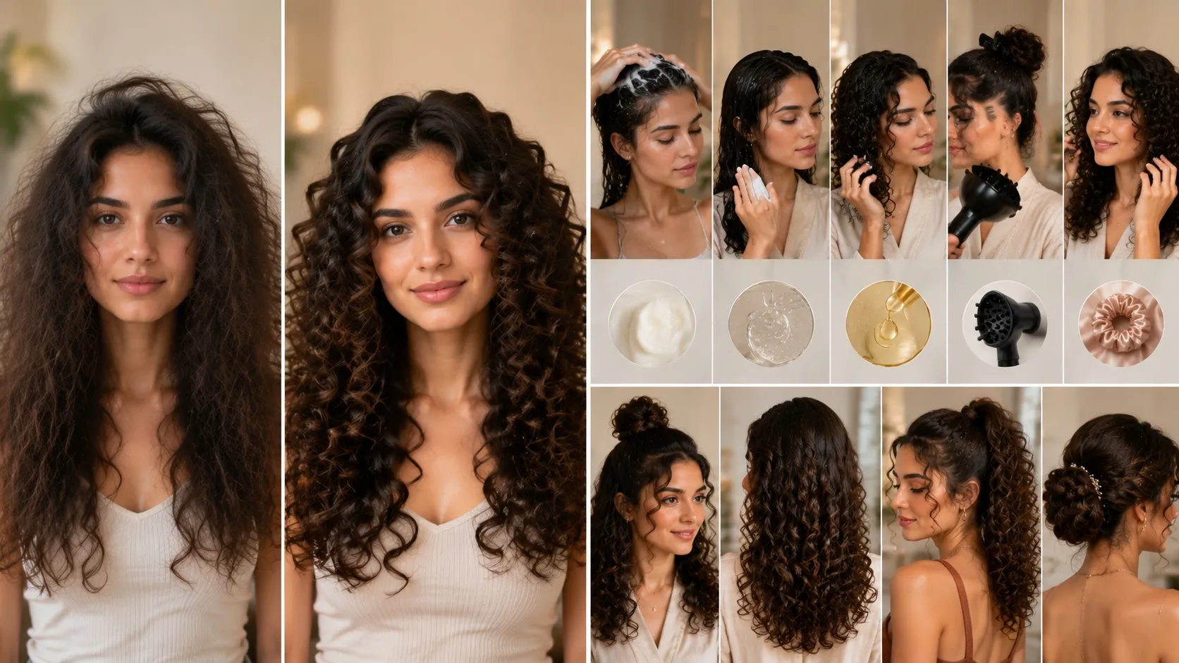 Woman with glossy, defined curly hair applying hydrating curl cream to manage frizz and add shine