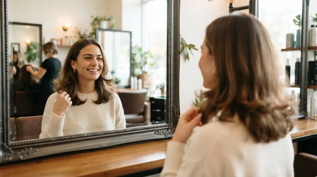 A young woman looking in a salon mirror at shoulder-length hair that is flipping out during the growing-out phase.