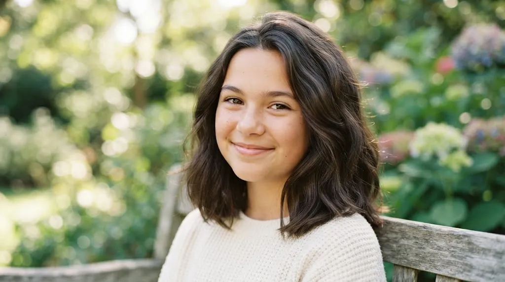 A young girl with a round face shape sporting a shoulder-length long lob haircut with face-framing layers.
