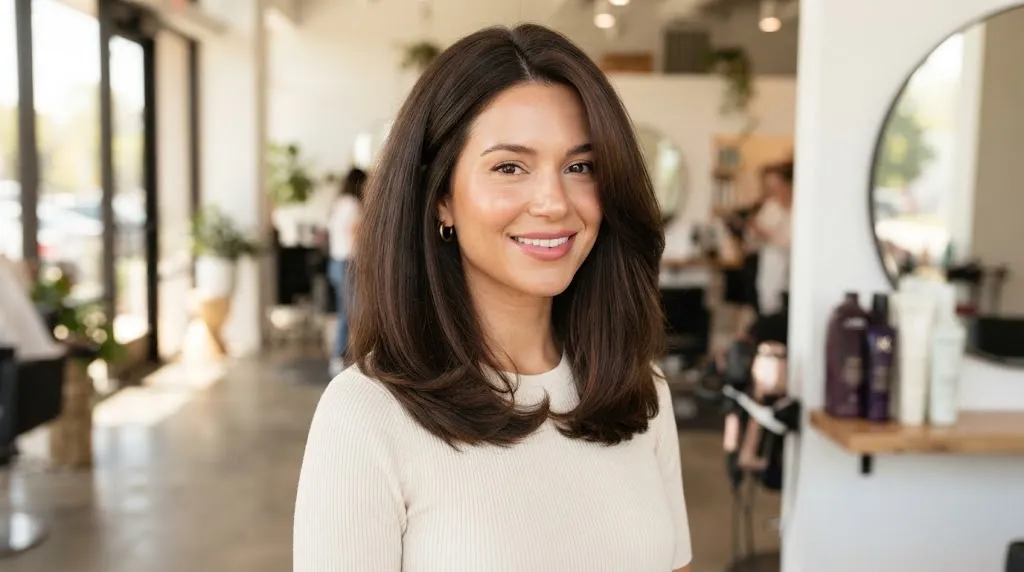 A woman with a medium-length blunt lob haircut designed to make thin hair appear fuller and thicker.