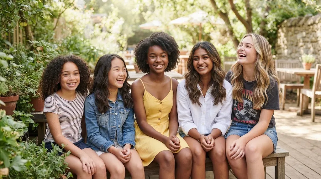 A group of girls of different ages with trendy and healthy shoulder-length medium haircuts.