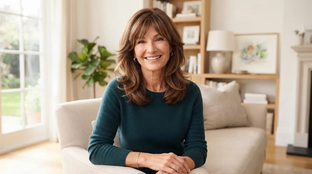 A beautiful mature woman with a medium-length layered haircut and soft face-framing layers adding volume and youthful movement