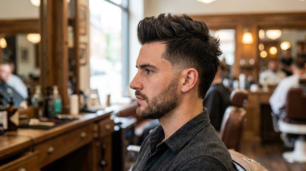 Man with a modern textured medium length faux hawk haircut featuring styled height along the top center and clean tapered sides