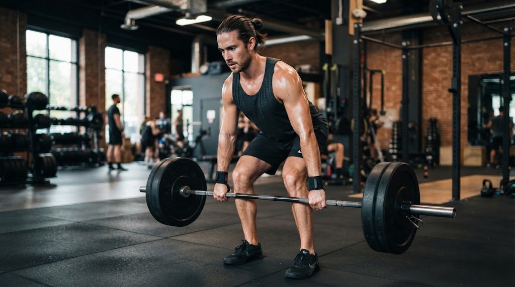 Man with stylish medium-length hair during a gym workout keeping hair out of his face