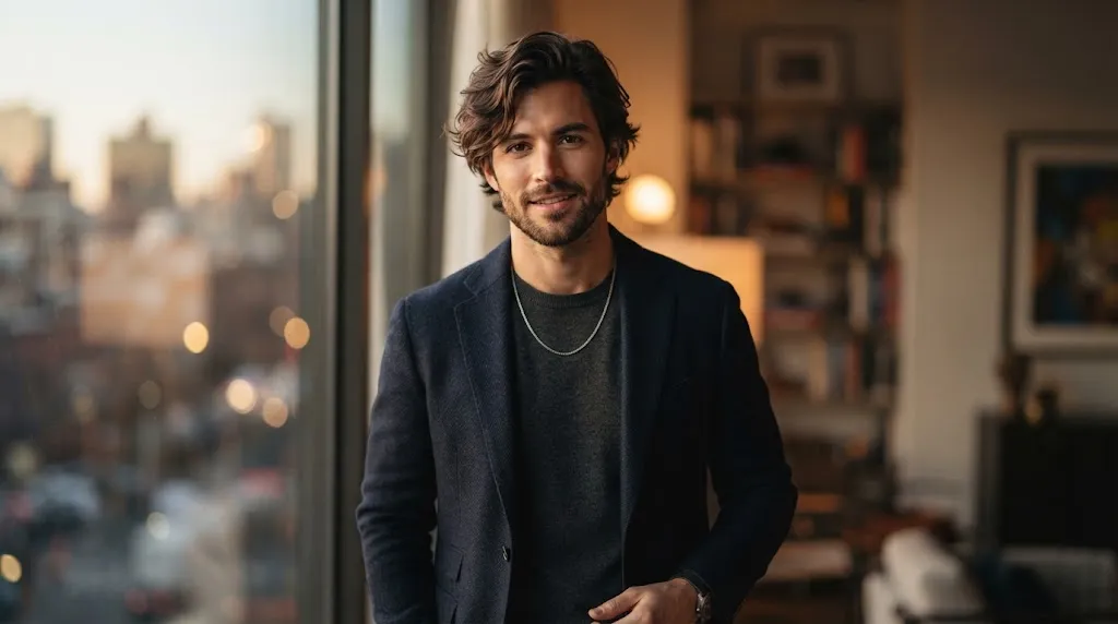 Man with a stylish medium-length textured hairstyle designed to balance an oblong face shape