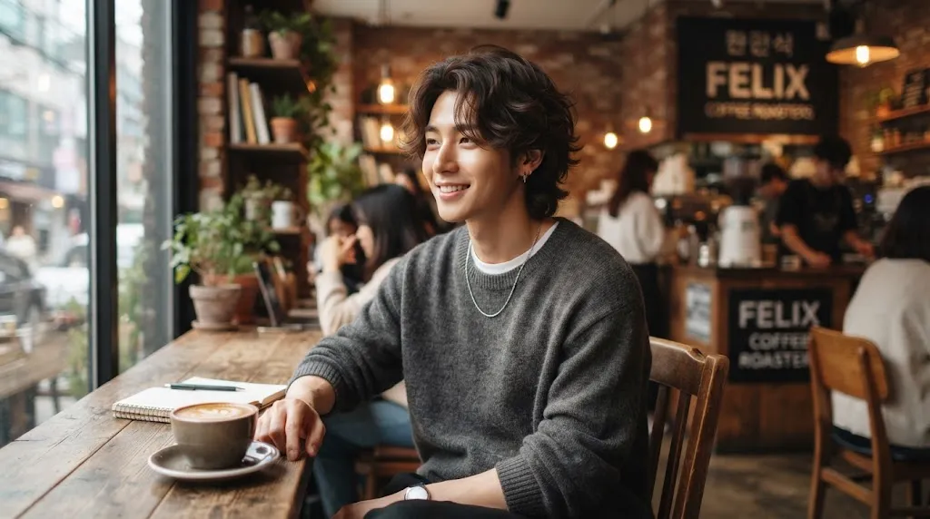 A young man with a trendy medium-length Korean hairstyle featuring soft layers and natural movement
