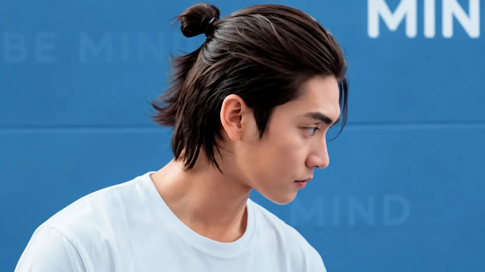 Medium-length Korean men's hairstyle showing flowy curtain layers and soft volume around the ears and neck